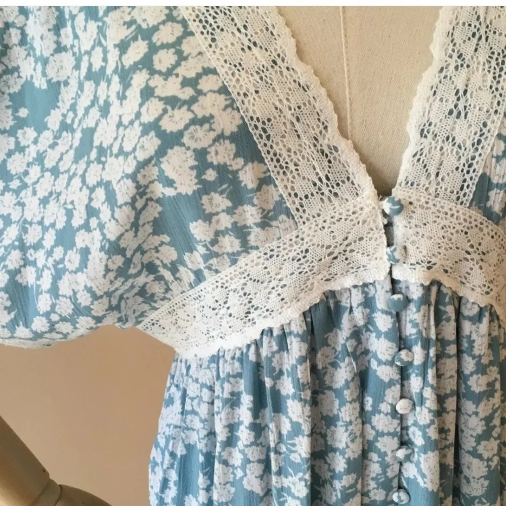 NEW cottage floral print mini dress v neck boho S M L - Picture 2 of 4